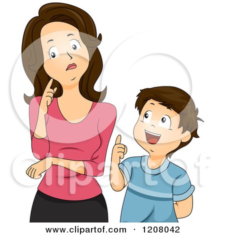 Cartoon of a Brunette Caucasian Mother Thinking About Her Sons Questions - Royalty Free Vector Clipart by BNP Design Studio
