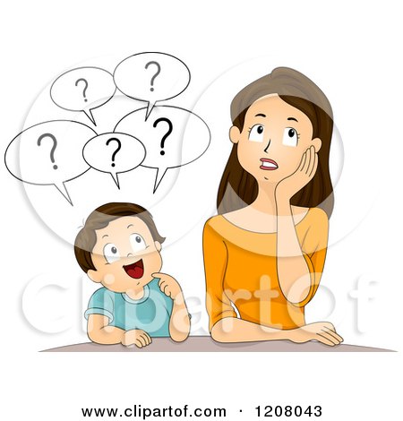 Cartoon of a Brunette Caucasian Mother and Her Son Asking a Lot of Questions - Royalty Free Vector Clipart by BNP Design Studio