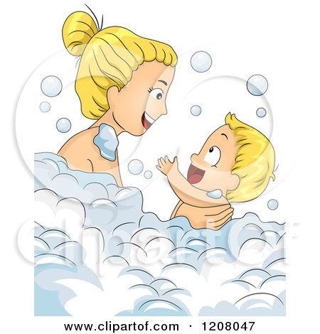 Cartoon of a Blond Caucasian Mother Bathing with Her Baby Boy - Royalty Free Vector Clipart by BNP Design Studio