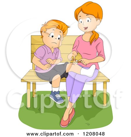 Cartoon of a Red Haired Caucasian Mohter Bandaging Her Sons Injured Knee - Royalty Free Vector Clipart by BNP Design Studio