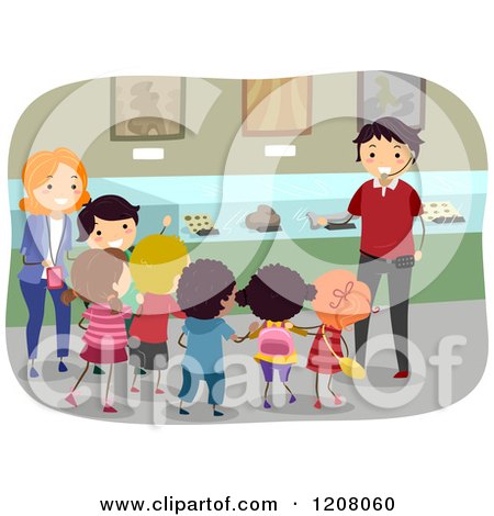 Cartoon of a Man Talking to Kids in a Museum - Royalty Free Vector Clipart by BNP Design Studio