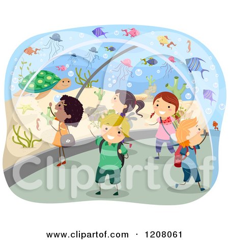 Cartoon of a Group of Diverse School Children Exploring an Aquarium Tunnel - Royalty Free Vector Clipart by BNP Design Studio