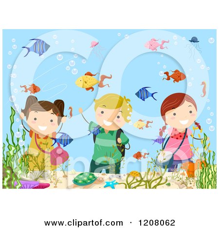 Cartoon of Happy Children Waving Through a Fish Aquarium - Royalty Free Vector Clipart by BNP Design Studio