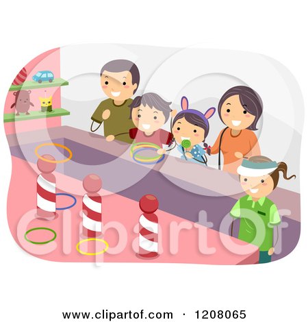 Cartoon of a Happy Family Playing a Carnival Ring Toss Game - Royalty Free Vector Clipart by BNP Design Studio