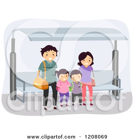 Cartoon of a Happy Family Waiting at a Bus Stop - Royalty Free Vector Clipart by BNP Design Studio