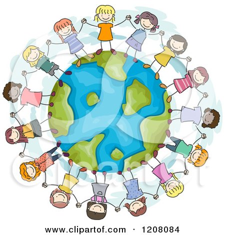 Cartoon of a Circle of Diverse Girls Holding Hands Around Earth - Royalty Free Vector Clipart by BNP Design Studio