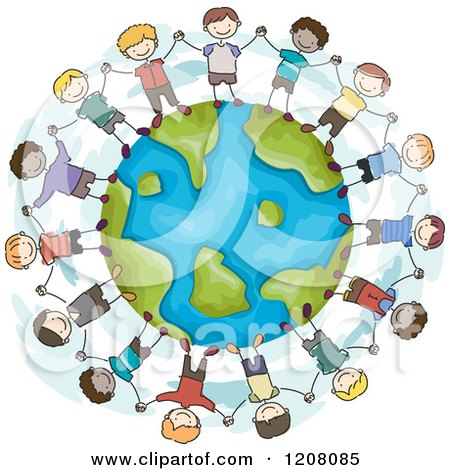 Cartoon of a Circle of Diverse Boys Holding Hands Around Earth - Royalty Free Vector Clipart by BNP Design Studio