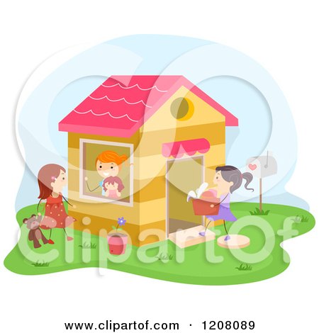 Cartoon of Girls Playing at a Playhouse - Royalty Free Vector Clipart by BNP Design Studio