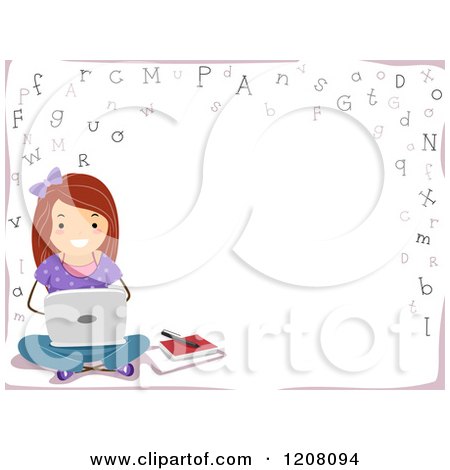 Cartoon of a Border of Letters and a Girl Using a Laptop with Text Space - Royalty Free Vector Clipart by BNP Design Studio