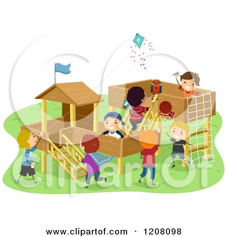 Cartoon of a Playground with Happy Diverse Boys - Royalty Free Vector Clipart by BNP Design Studio