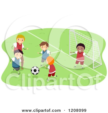 Cartoon of a Group of Happy Diverse Boys Playing Soccer - Royalty Free Vector Clipart by BNP Design Studio