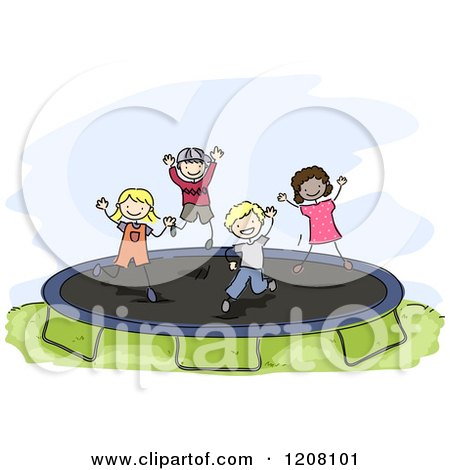 Cartoon of Happy Diverse Children Jumping on a Trampoline - Royalty Free Vector Clipart by BNP Design Studio
