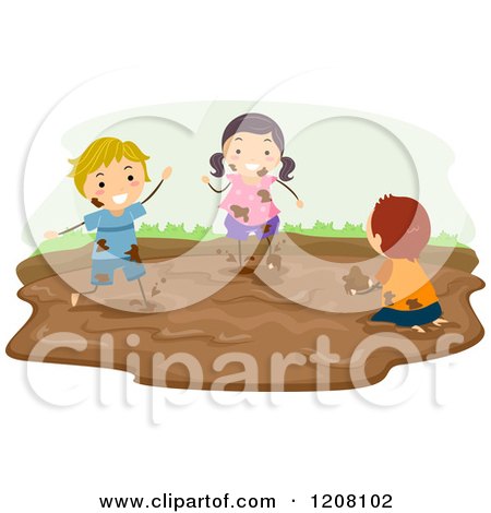 Cartoon of a Girl and Boys Playing in a Mud Puddle - Royalty Free Vector Clipart by BNP Design Studio