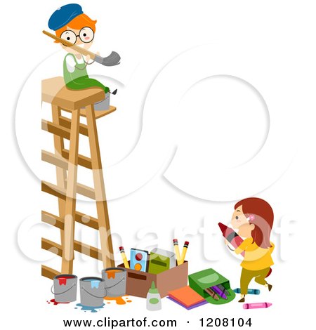 Cartoon of a Boy and Girl with Art Supplies and a Ladder - Royalty Free Vector Clipart by BNP Design Studio