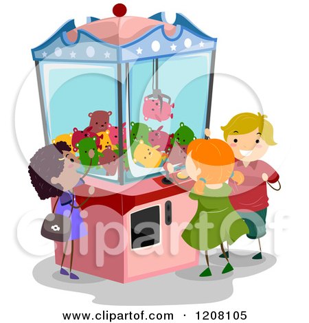 Cartoon of a Claw Machine and Diverse Children - Royalty Free Vector Clipart by BNP Design Studio