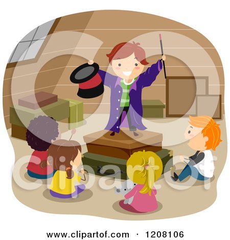 Cartoon of a Magician Boy Entertaining Diverse Friends in an Attic - Royalty Free Vector Clipart by BNP Design Studio