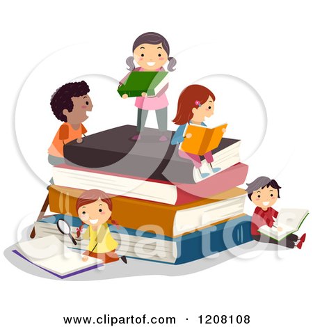 Cartoon of Happy Diverse Children Reading on a Stack of Books - Royalty Free Vector Clipart by BNP Design Studio
