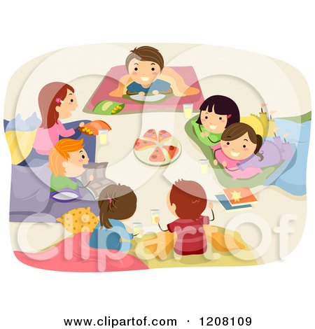 Cartoon of a Circle of Happy Kids Eating Pizza at a Sleep over - Royalty Free Vector Clipart by BNP Design Studio