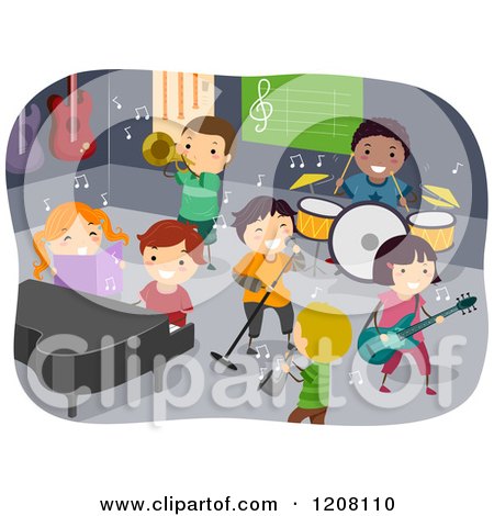 Cartoon of a Group of Diverse Children Playing Instruments in a Room - Royalty Free Vector Clipart by BNP Design Studio