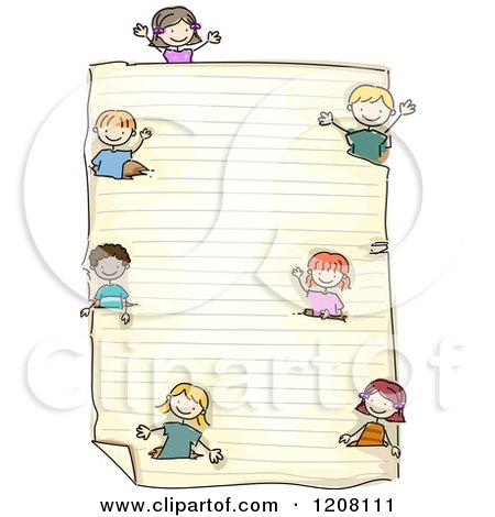 Cartoon of a Piece of Ruled School Paper and Diverse Children - Royalty Free Vector Clipart by BNP Design Studio