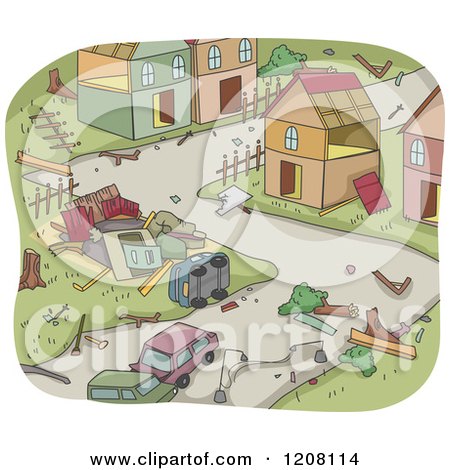 Cartoon of a Disaster Aftermath of Upturned Homes and Cars - Royalty Free Vector Clipart by BNP Design Studio