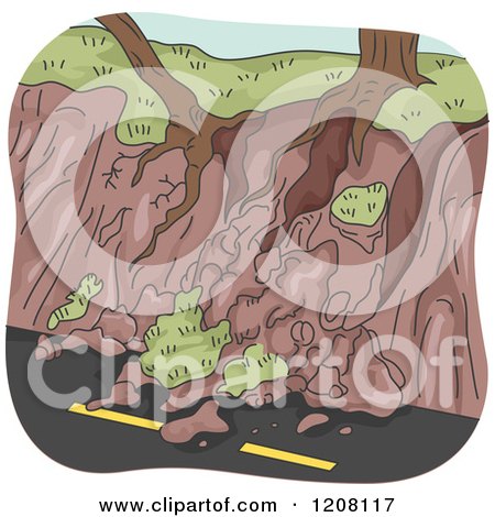 Cartoon of a Landslide Erosion with Exposed Tree Roots over a Road - Royalty Free Vector Clipart by BNP Design Studio