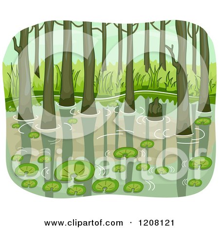 Cartoon of a Swamp with Lily Pads and Trees - Royalty Free Vector Clipart by BNP Design Studio