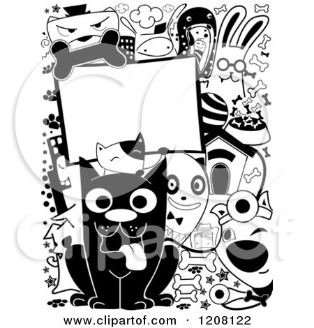 Cartoon of Black and White Doodled Dogs with Text Space - Royalty Free Vector Clipart by BNP Design Studio