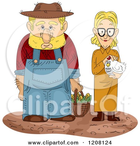 Cartoon of a Farmer with a Basket of Corn and Wife Holding a Hen - Royalty Free Vector Clipart by BNP Design Studio