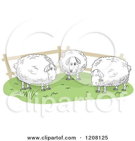Cartoon of a Fenced Pasture with Three Sheep - Royalty Free Vector Clipart by BNP Design Studio
