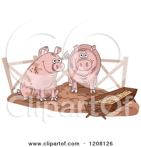 Cartoon of a Pig Slop with Two Happy Swine - Royalty Free Vector Clipart by BNP Design Studio