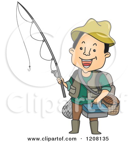 Cartoon of a Happy Man Holding a Fishing Rod and Other Gear - Royalty Free Vector Clipart by BNP Design Studio