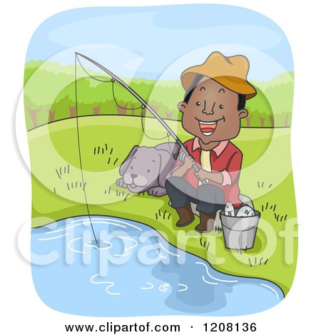 Cartoon of a Happy Black Man Fishing with His Dog - Royalty Free Vector Clipart by BNP Design Studio