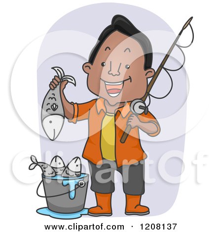 Cartoon of a Happy Black Man Holding His Caught Fish - Royalty Free Vector Clipart by BNP Design Studio