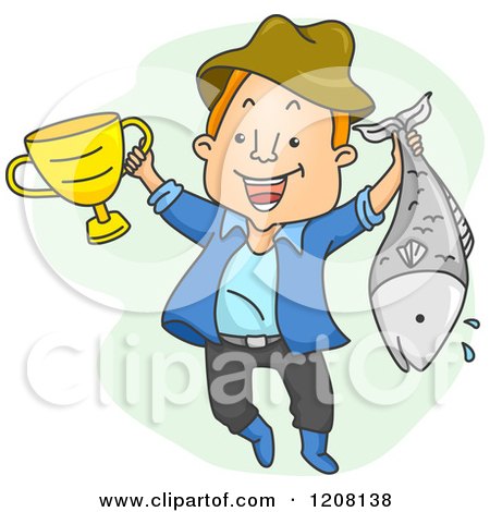 Cartoon of a Happy Man Holding His Caught Fish and a Trophy - Royalty Free Vector Clipart by BNP Design Studio
