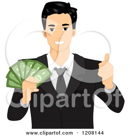 Cartoon of a Handsome Businessman Holding Cash and a Thumb up - Royalty Free Vector Clipart by BNP Design Studio