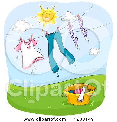 Cartoon of a Sun over a Clothes Line with Laundry - Royalty Free Vector Clipart by BNP Design Studio