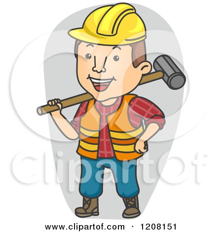 Cartoon of a Happy Construction Worker Holding a Sledgehammer - Royalty Free Vector Clipart by BNP Design Studio