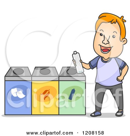Cartoon of a Happy Man Holding a Bottle at a Recycle Center - Royalty Free Vector Clipart by BNP Design Studio
