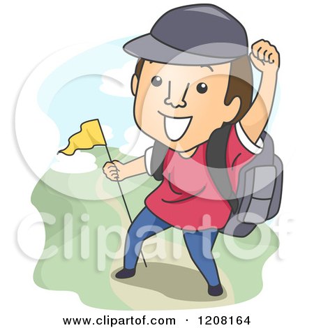 Cartoon of a Happy Man Hiking with a Flag - Royalty Free Vector Clipart by BNP Design Studio