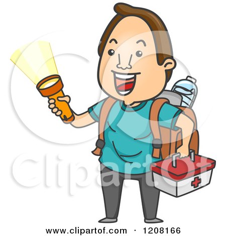Cartoon of a Happy Man with an Emergency Kit and Flashlight - Royalty Free Vector Clipart by BNP Design Studio