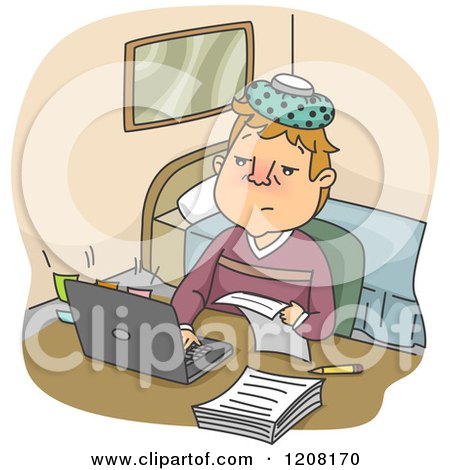 Cartoon of a Sick Man Working at Home with an Ice Pack on His Head - Royalty Free Vector Clipart by BNP Design Studio