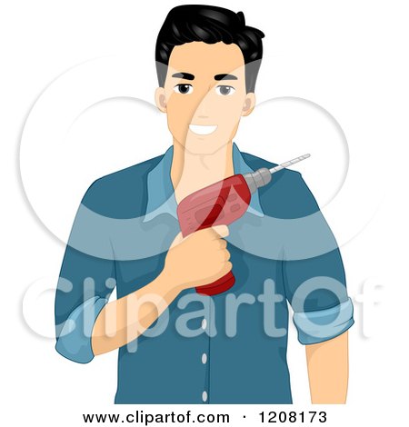 Cartoon of a Handsome Man Holding a Drill - Royalty Free Vector Clipart by BNP Design Studio