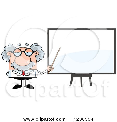 Cartoon of a Science Professor Holding a Pointer Stick to a White Board - Royalty Free Vector Clipart by Hit Toon