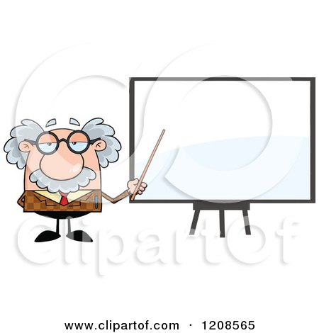 Cartoon of a Professor Holding a Pointer Stick to a White Board - Royalty Free Vector Clipart by Hit Toon