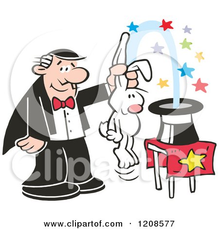Cartoon of a Caucasian Magician Pulling a Rabbit out of a Hat - Royalty Free Vector Clipart by Johnny Sajem