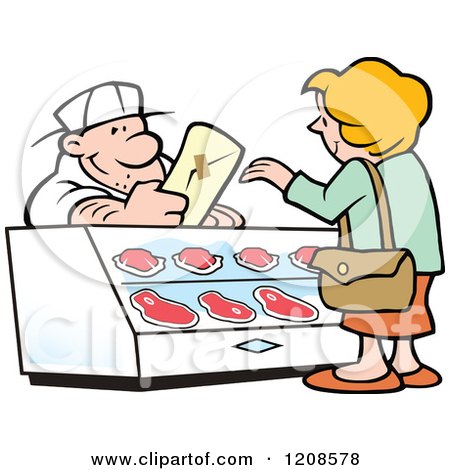 Cartoon of a Friendly Caucasian Butcher Handing a Cut of Meat to a Customer - Royalty Free Vector Clipart by Johnny Sajem