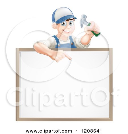Cartoon of a Happy Carpenter Man Holding a Hammer and Pointing down to a White Board Sign - Royalty Free Vector Clipart by AtStockIllustration