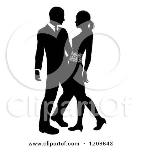 Cartoon of a Black and White Silhouetted Couple Embracing - Royalty Free Vector Clipart by AtStockIllustration