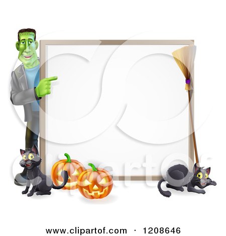 Cartoon of a Happy Frankenstein with Cats a Broomstick and Halloween Pumpkins Pointing to a White Board Sign - Royalty Free Vector Clipart by AtStockIllustration